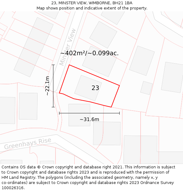 23, MINSTER VIEW, WIMBORNE, BH21 1BA: Plot and title map