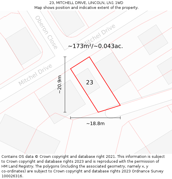 23, MITCHELL DRIVE, LINCOLN, LN1 1WD: Plot and title map