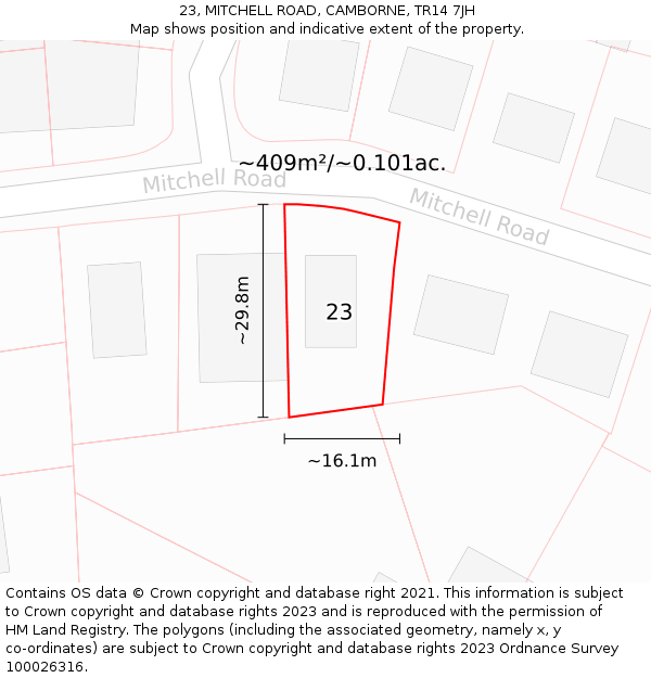 23, MITCHELL ROAD, CAMBORNE, TR14 7JH: Plot and title map