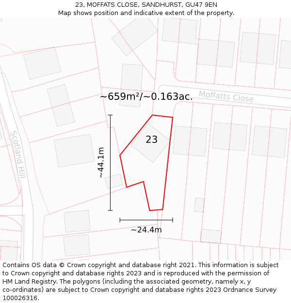 23, MOFFATS CLOSE, SANDHURST, GU47 9EN: Plot and title map