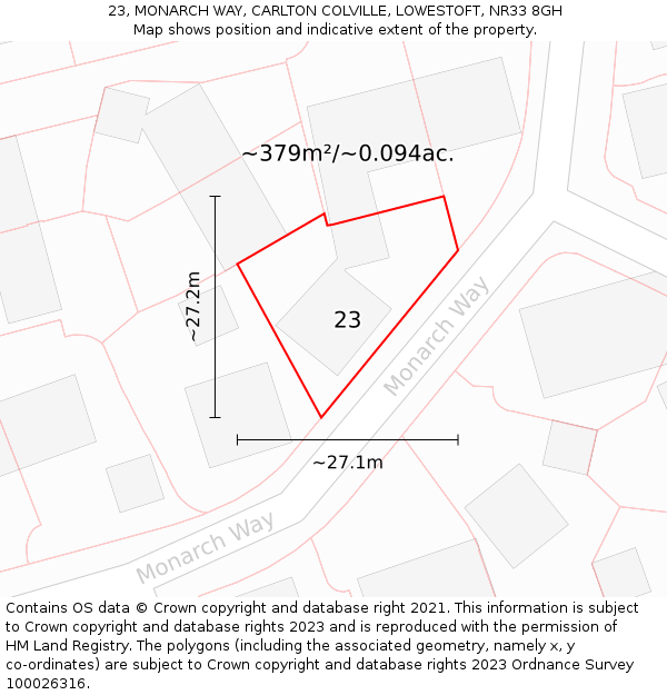 23, MONARCH WAY, CARLTON COLVILLE, LOWESTOFT, NR33 8GH: Plot and title map