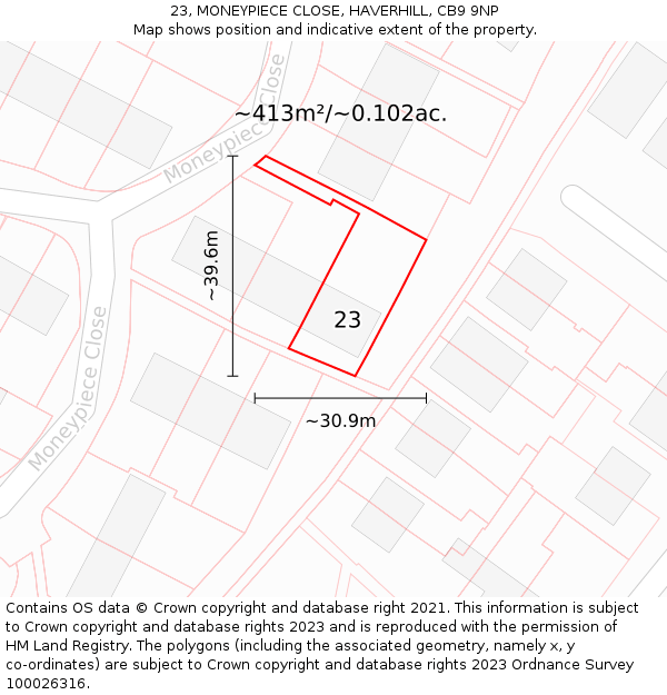 23, MONEYPIECE CLOSE, HAVERHILL, CB9 9NP: Plot and title map