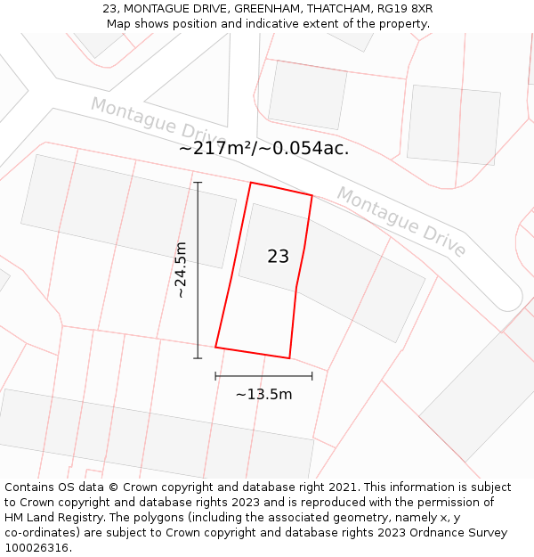 23, MONTAGUE DRIVE, GREENHAM, THATCHAM, RG19 8XR: Plot and title map