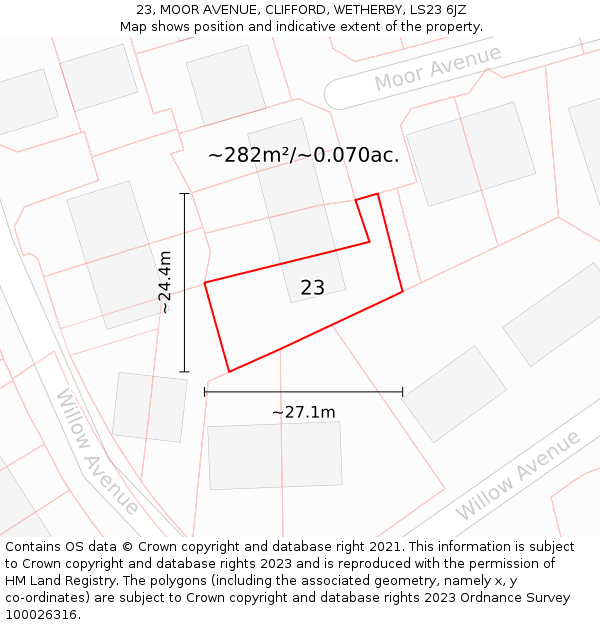 23, MOOR AVENUE, CLIFFORD, WETHERBY, LS23 6JZ: Plot and title map