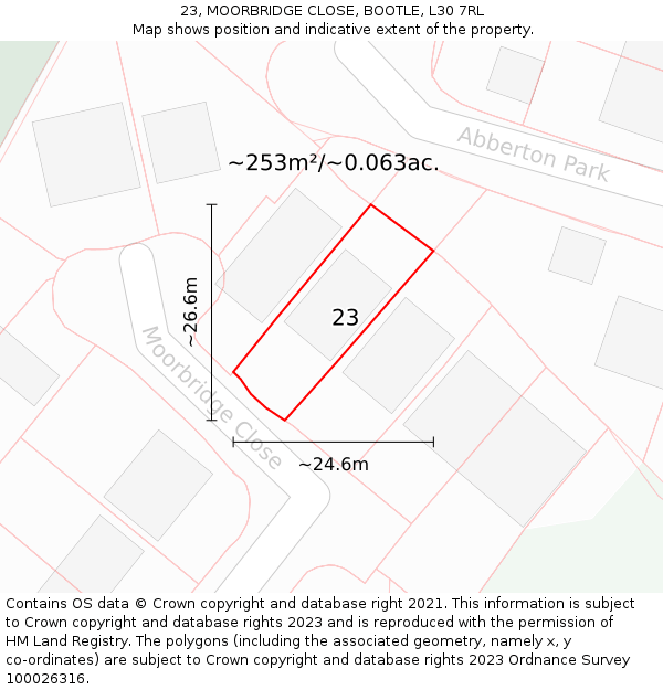 23, MOORBRIDGE CLOSE, BOOTLE, L30 7RL: Plot and title map