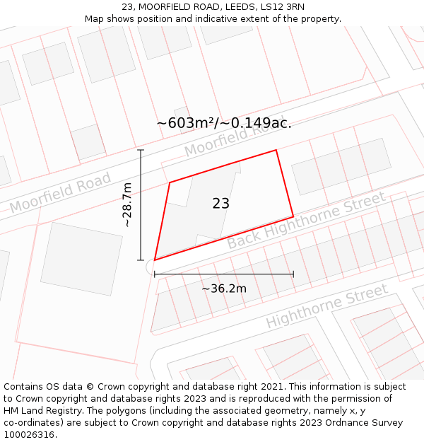 23, MOORFIELD ROAD, LEEDS, LS12 3RN: Plot and title map
