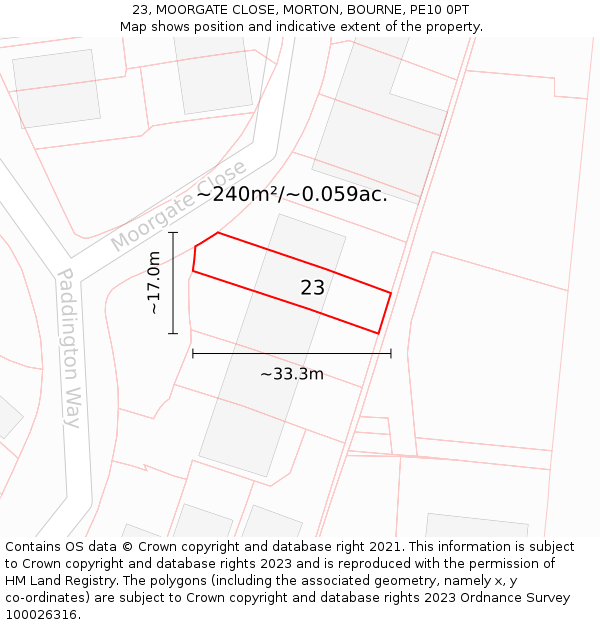 23, MOORGATE CLOSE, MORTON, BOURNE, PE10 0PT: Plot and title map