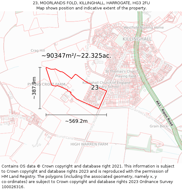 23, MOORLANDS FOLD, KILLINGHALL, HARROGATE, HG3 2FU: Plot and title map