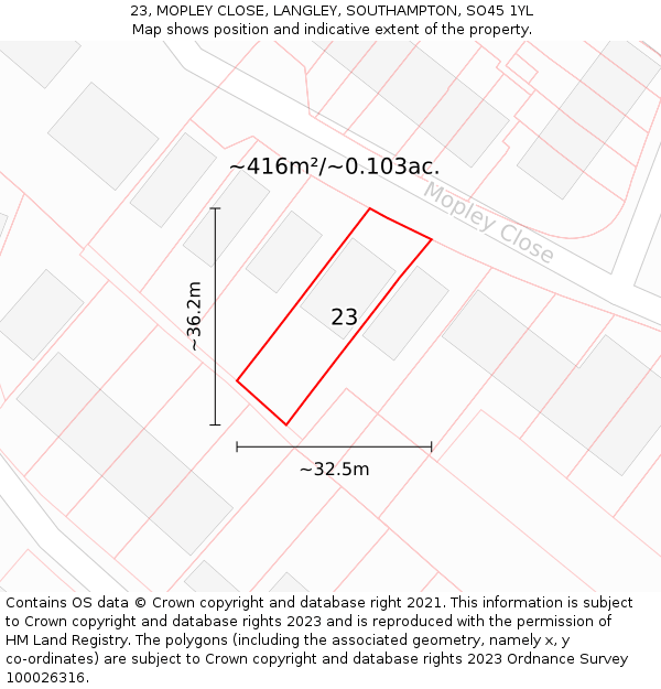 23, MOPLEY CLOSE, LANGLEY, SOUTHAMPTON, SO45 1YL: Plot and title map