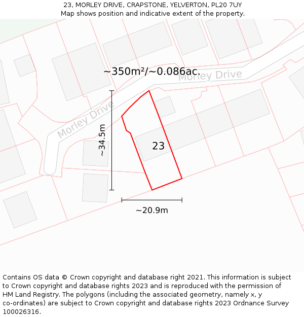 23, MORLEY DRIVE, CRAPSTONE, YELVERTON, PL20 7UY: Plot and title map