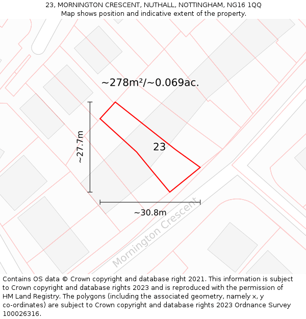 23, MORNINGTON CRESCENT, NUTHALL, NOTTINGHAM, NG16 1QQ: Plot and title map