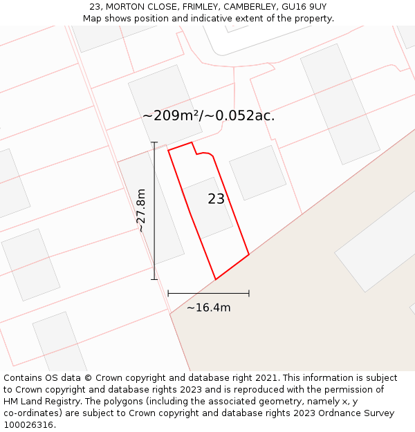 23, MORTON CLOSE, FRIMLEY, CAMBERLEY, GU16 9UY: Plot and title map