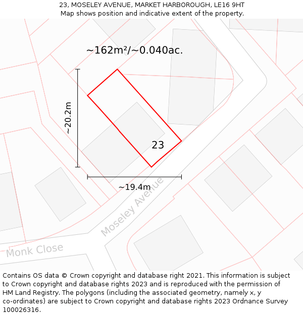 23, MOSELEY AVENUE, MARKET HARBOROUGH, LE16 9HT: Plot and title map