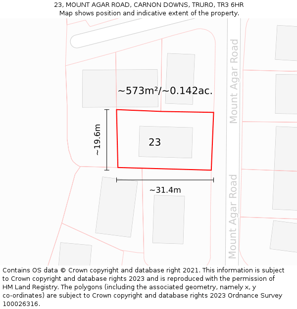 23, MOUNT AGAR ROAD, CARNON DOWNS, TRURO, TR3 6HR: Plot and title map