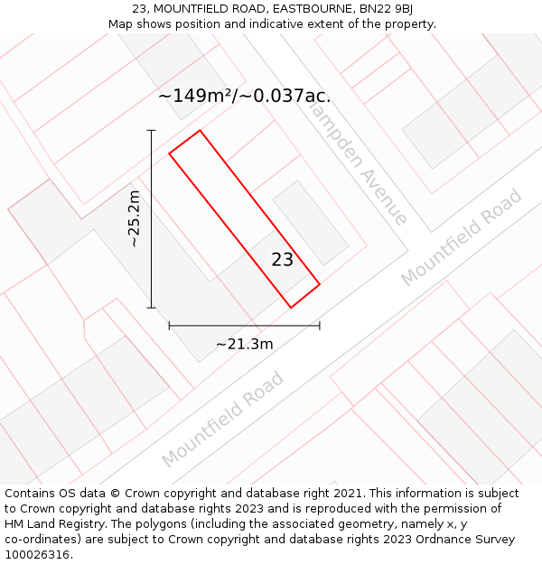 23, MOUNTFIELD ROAD, EASTBOURNE, BN22 9BJ: Plot and title map