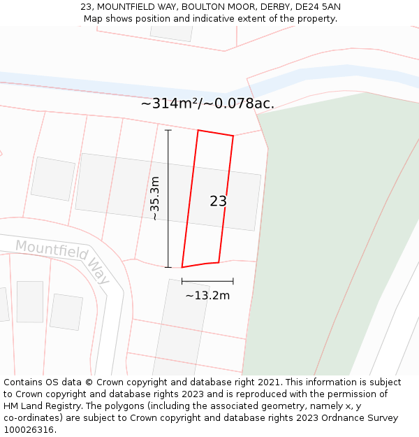 23, MOUNTFIELD WAY, BOULTON MOOR, DERBY, DE24 5AN: Plot and title map