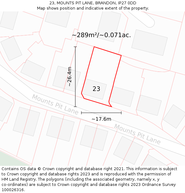 23, MOUNTS PIT LANE, BRANDON, IP27 0DD: Plot and title map