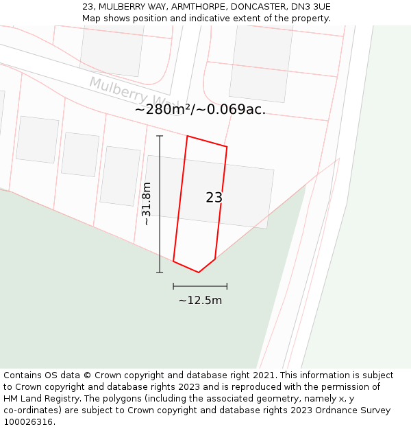 23, MULBERRY WAY, ARMTHORPE, DONCASTER, DN3 3UE: Plot and title map