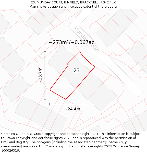 23, MUNDAY COURT, BINFIELD, BRACKNELL, RG42 4UG: Plot and title map