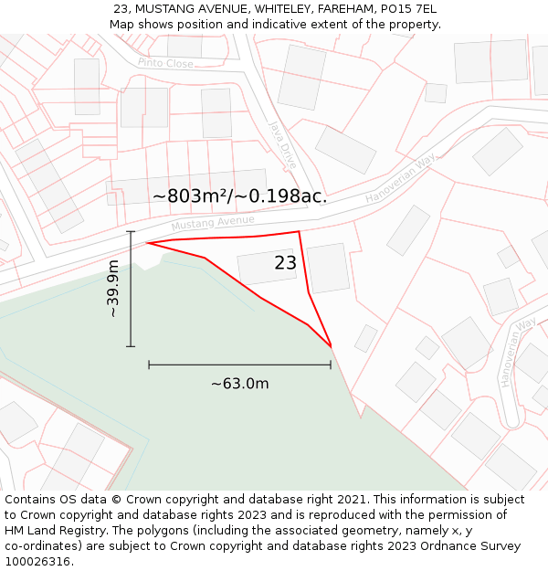 23, MUSTANG AVENUE, WHITELEY, FAREHAM, PO15 7EL: Plot and title map
