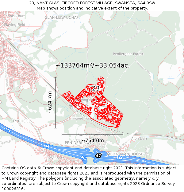 23, NANT GLAS, TIRCOED FOREST VILLAGE, SWANSEA, SA4 9SW: Plot and title map