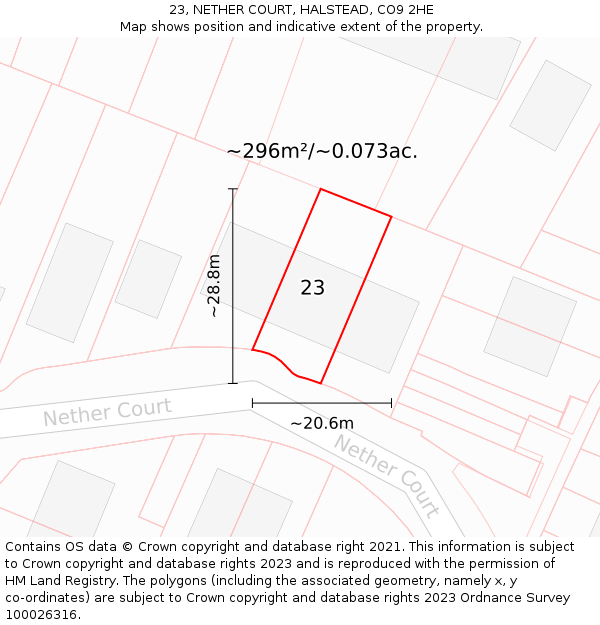 23, NETHER COURT, HALSTEAD, CO9 2HE: Plot and title map