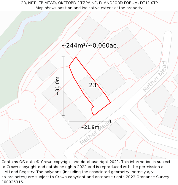 23, NETHER MEAD, OKEFORD FITZPAINE, BLANDFORD FORUM, DT11 0TP: Plot and title map