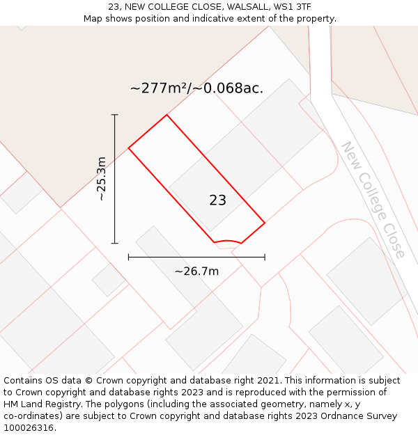 23, NEW COLLEGE CLOSE, WALSALL, WS1 3TF: Plot and title map