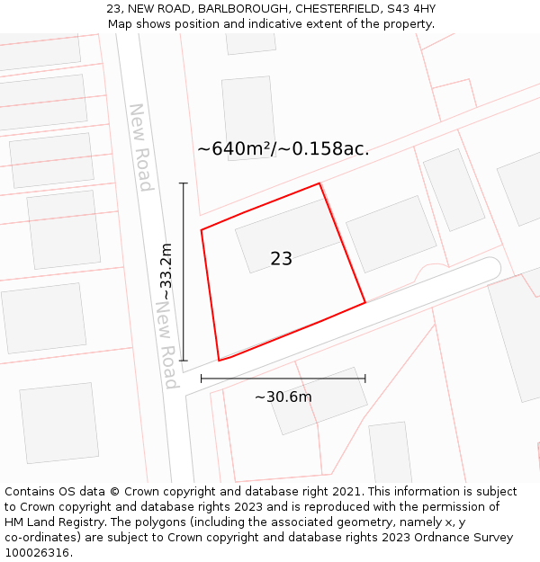 23, NEW ROAD, BARLBOROUGH, CHESTERFIELD, S43 4HY: Plot and title map