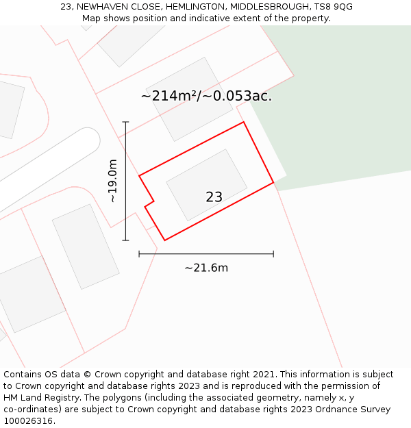 23, NEWHAVEN CLOSE, HEMLINGTON, MIDDLESBROUGH, TS8 9QG: Plot and title map