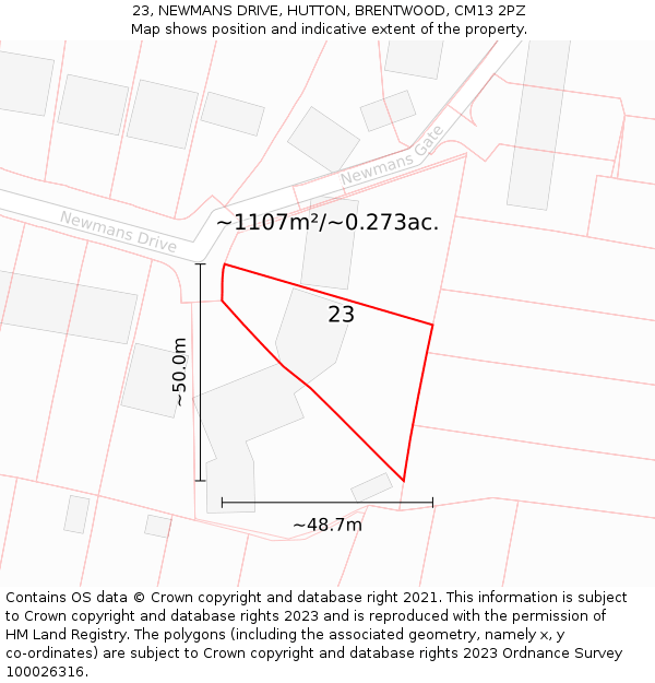 23, NEWMANS DRIVE, HUTTON, BRENTWOOD, CM13 2PZ: Plot and title map