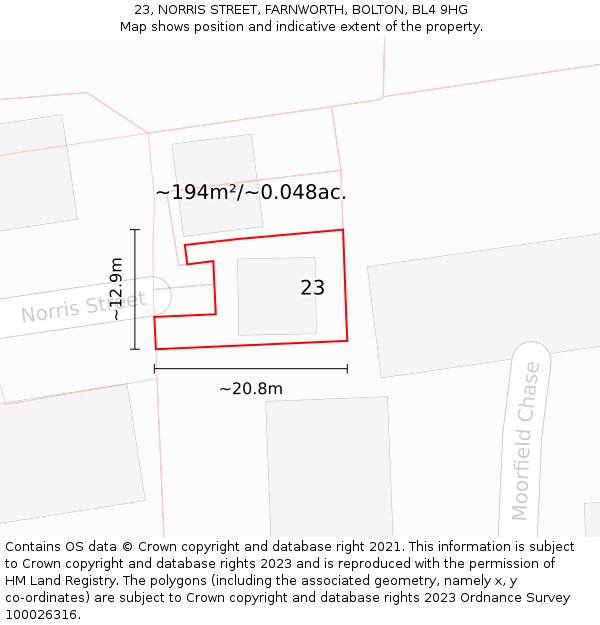 23, NORRIS STREET, FARNWORTH, BOLTON, BL4 9HG: Plot and title map