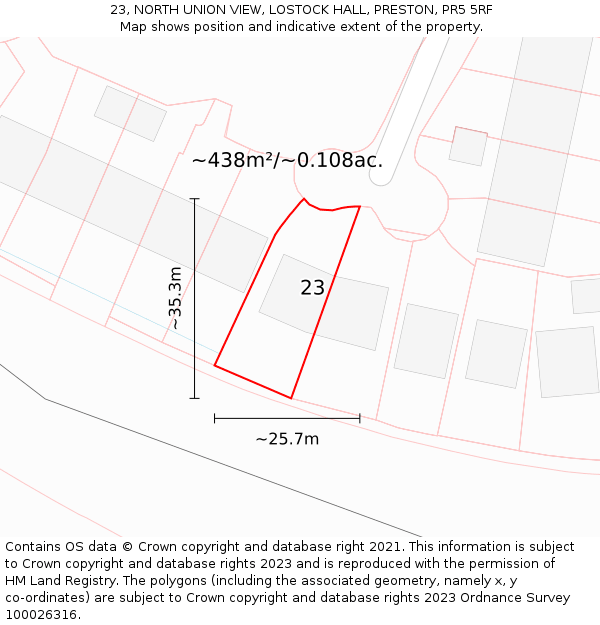 23, NORTH UNION VIEW, LOSTOCK HALL, PRESTON, PR5 5RF: Plot and title map