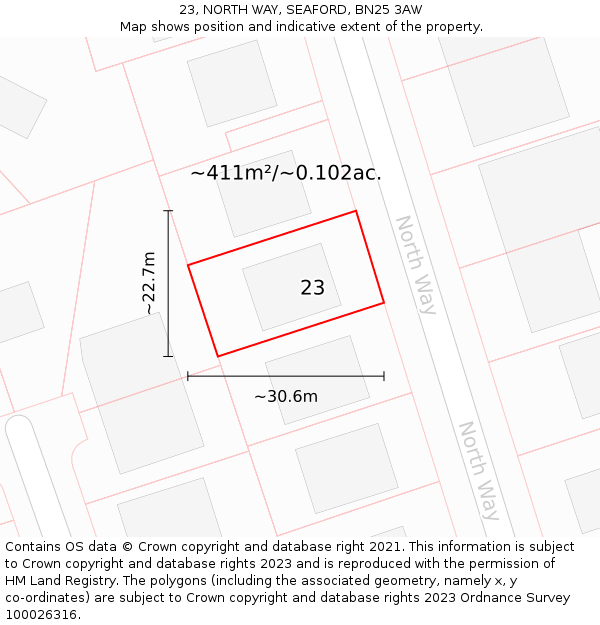 23, NORTH WAY, SEAFORD, BN25 3AW: Plot and title map