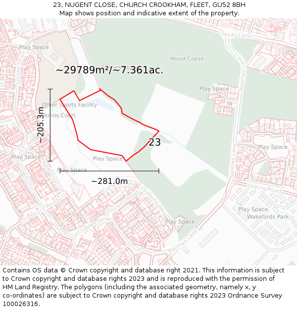 23, NUGENT CLOSE, CHURCH CROOKHAM, FLEET, GU52 8BH: Plot and title map