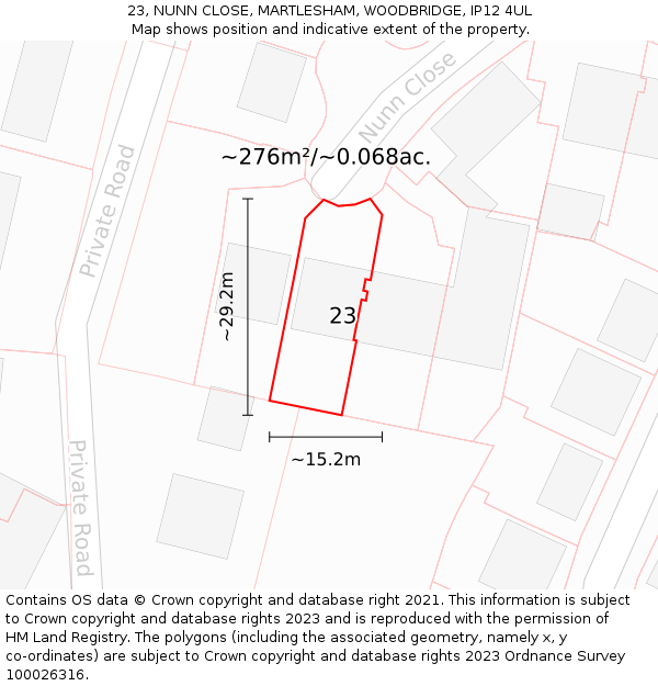 23, NUNN CLOSE, MARTLESHAM, WOODBRIDGE, IP12 4UL: Plot and title map