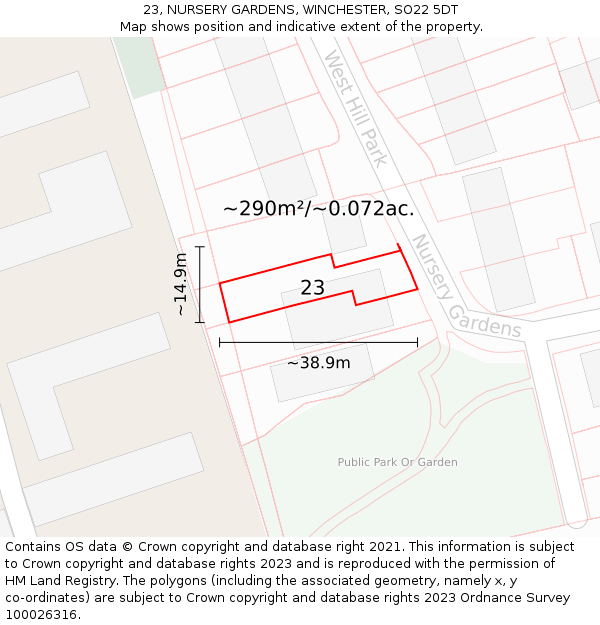23, NURSERY GARDENS, WINCHESTER, SO22 5DT: Plot and title map