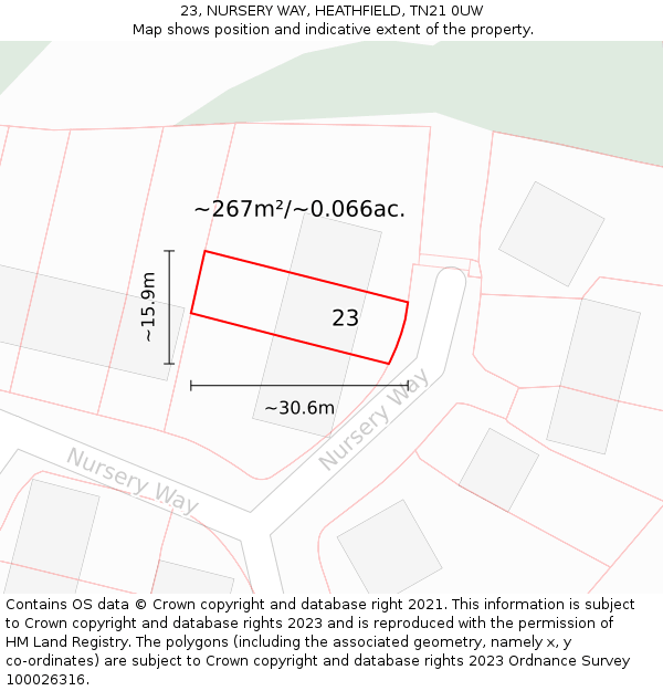 23, NURSERY WAY, HEATHFIELD, TN21 0UW: Plot and title map