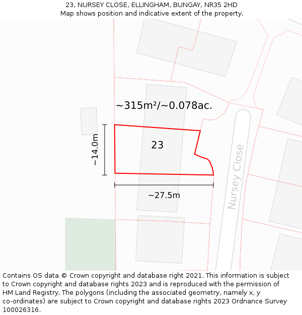 23, NURSEY CLOSE, ELLINGHAM, BUNGAY, NR35 2HD: Plot and title map