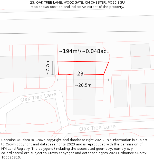 23, OAK TREE LANE, WOODGATE, CHICHESTER, PO20 3GU: Plot and title map