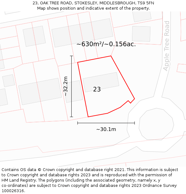 23, OAK TREE ROAD, STOKESLEY, MIDDLESBROUGH, TS9 5FN: Plot and title map