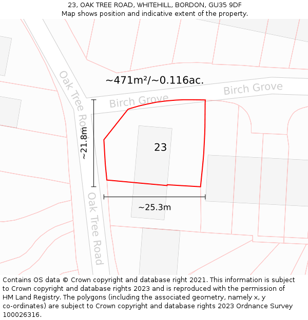 23, OAK TREE ROAD, WHITEHILL, BORDON, GU35 9DF: Plot and title map