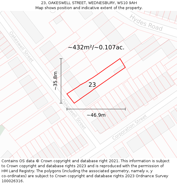 23, OAKESWELL STREET, WEDNESBURY, WS10 9AH: Plot and title map