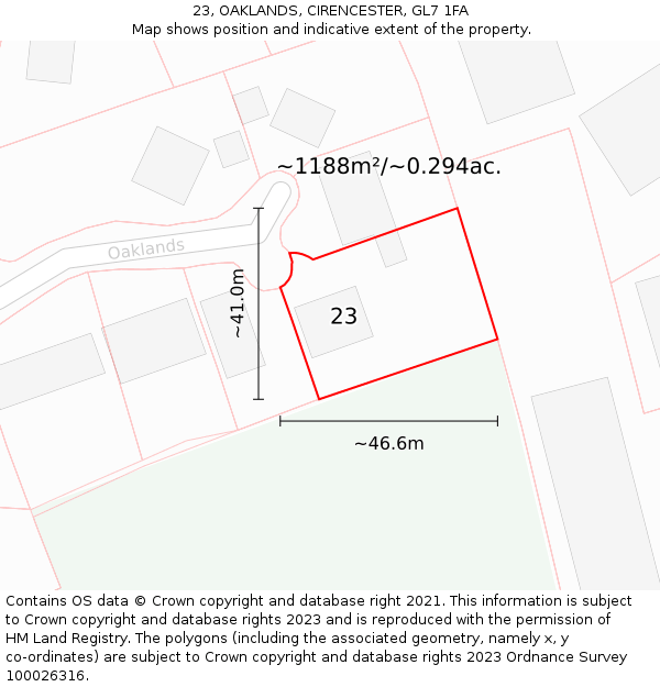 23, OAKLANDS, CIRENCESTER, GL7 1FA: Plot and title map