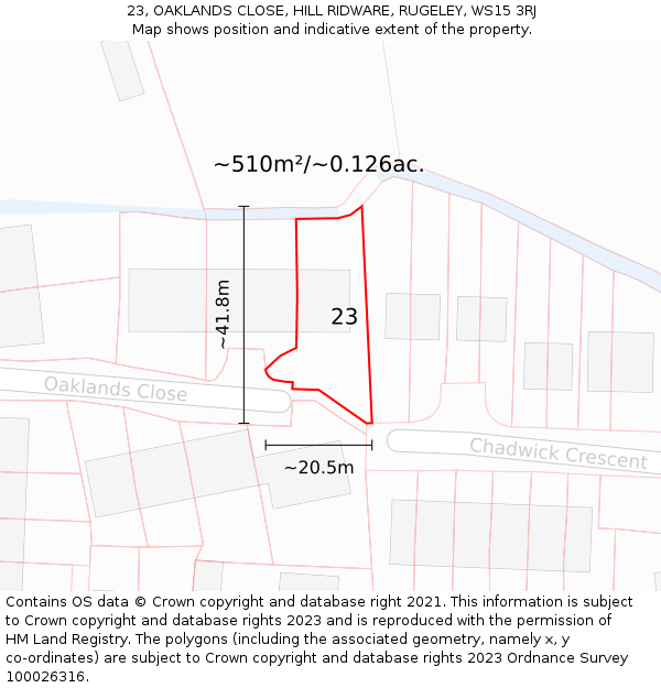 23, OAKLANDS CLOSE, HILL RIDWARE, RUGELEY, WS15 3RJ: Plot and title map