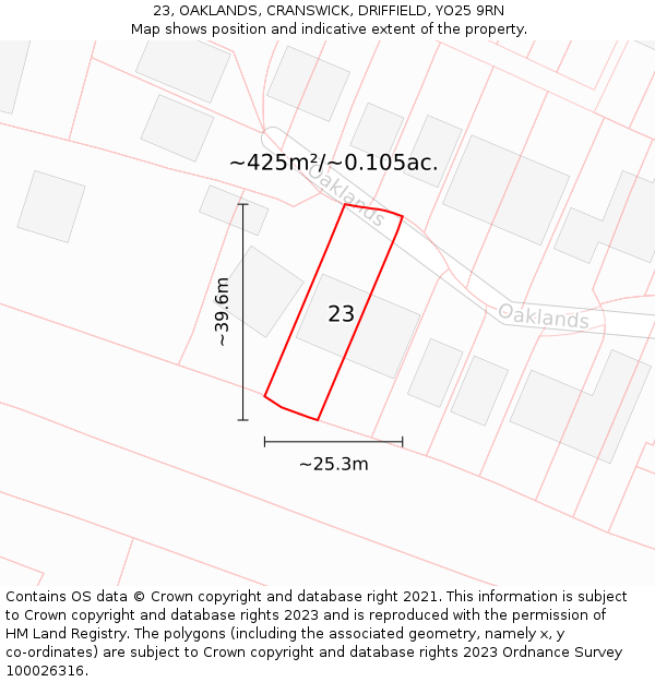 23, OAKLANDS, CRANSWICK, DRIFFIELD, YO25 9RN: Plot and title map