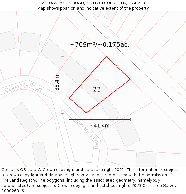 23, OAKLANDS ROAD, SUTTON COLDFIELD, B74 2TB: Plot and title map