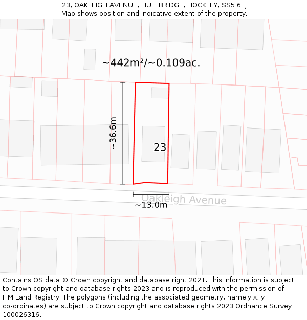 23, OAKLEIGH AVENUE, HULLBRIDGE, HOCKLEY, SS5 6EJ: Plot and title map
