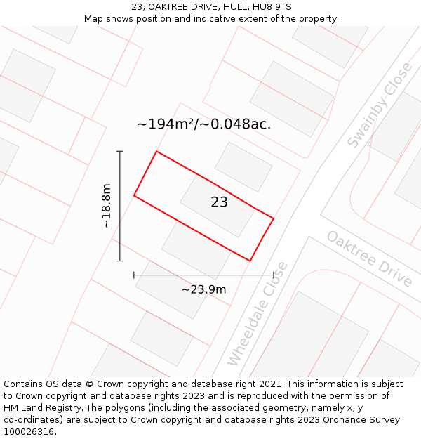 23, OAKTREE DRIVE, HULL, HU8 9TS: Plot and title map