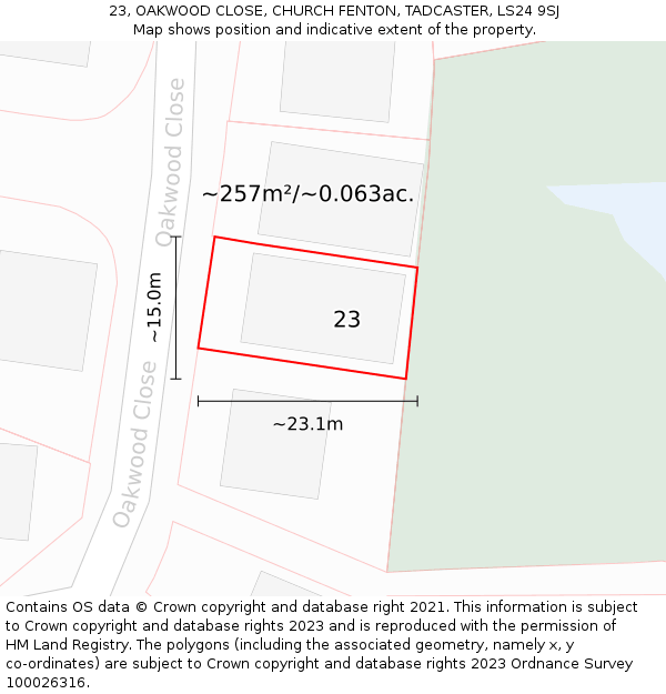 23, OAKWOOD CLOSE, CHURCH FENTON, TADCASTER, LS24 9SJ: Plot and title map